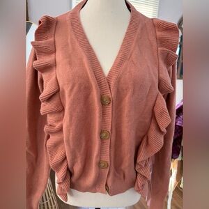 Elegant Ruffled Cardigan Sweater - Dark Peach Coral
